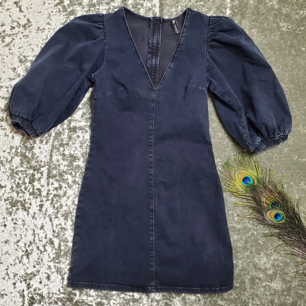Zara Stretch Puff Sleeve Denim Dress
